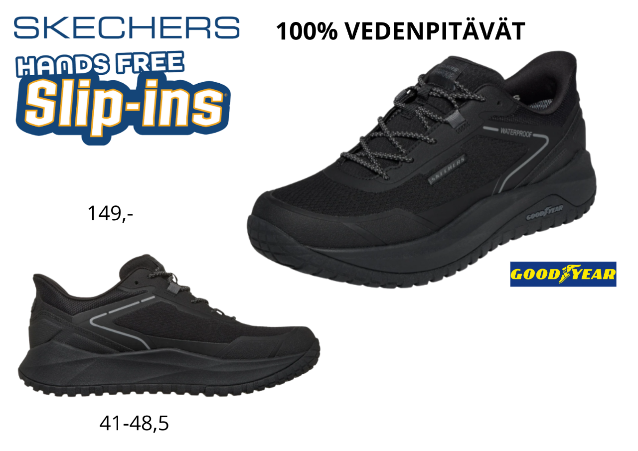 Skechers-vaelluskenkä, musta vedenpitävä malli, saatavana isoihin kokoihin